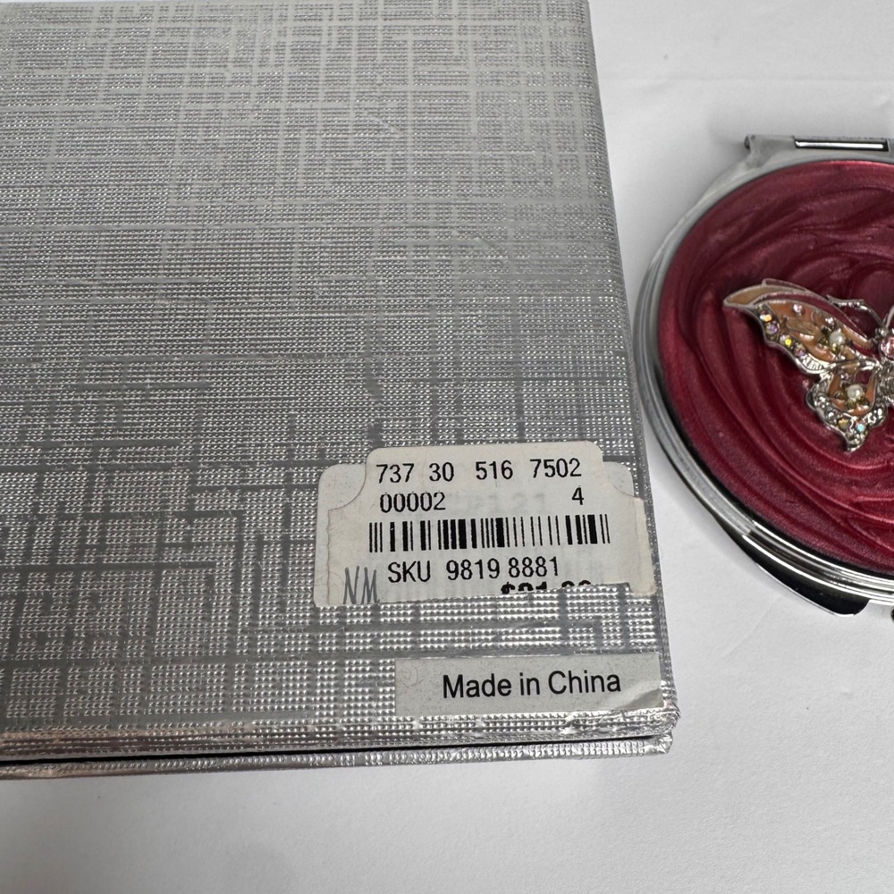 NWT Neiman Marcus Fairycore Jeweled Butterfly Compact Mirror Red Silver Tone - Picture 8 of 8